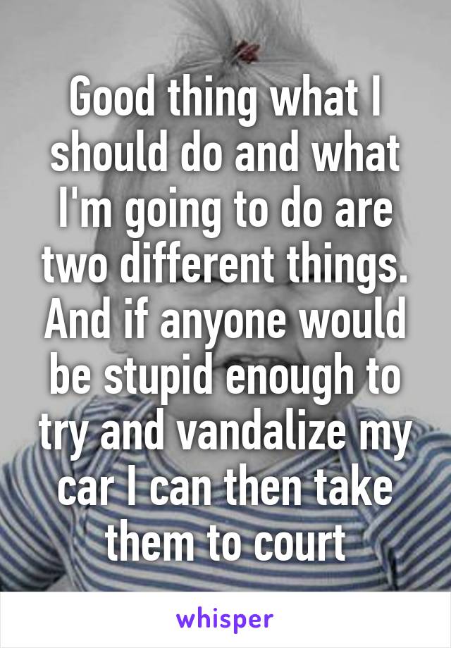 Good thing what I should do and what I'm going to do are two different things. And if anyone would be stupid enough to try and vandalize my car I can then take them to court