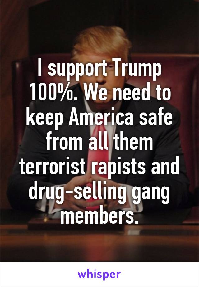 I support Trump 100%. We need to keep America safe from all them terrorist rapists and drug-selling gang members.