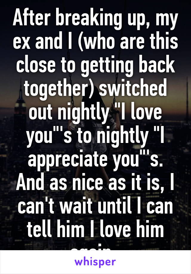 After breaking up, my ex and I (who are this close to getting back together) switched out nightly "I love you"'s to nightly "I appreciate you"'s. And as nice as it is, I can't wait until I can tell him I love him again. 