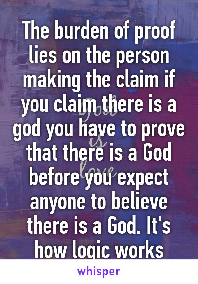 The burden of proof lies on the person making the claim if you claim there is a god you have to prove that there is a God before you expect anyone to believe there is a God. It's how logic works