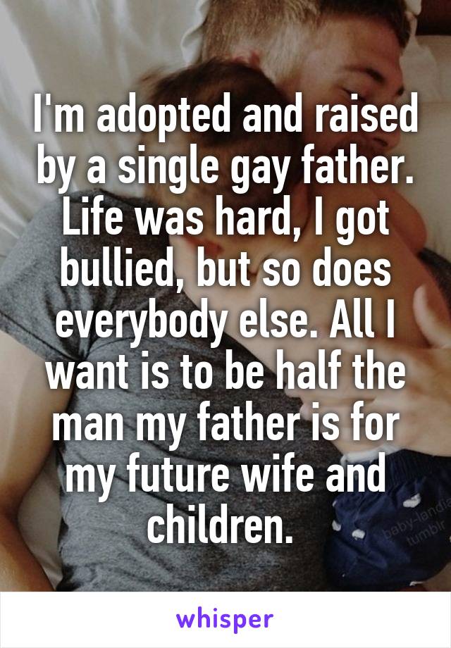 I'm adopted and raised by a single gay father. Life was hard, I got bullied, but so does everybody else. All I want is to be half the man my father is for my future wife and children. 
