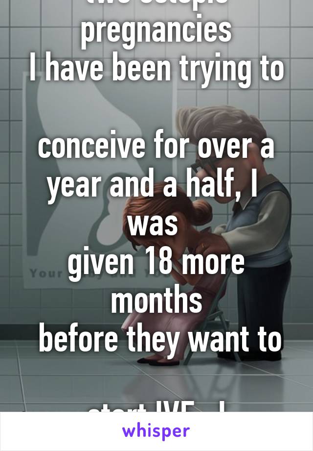 I'm 20 and have had
two ectopic pregnancies
I have been trying to 
conceive for over a
year and a half, I  was 
given 18 more months
 before they want to 
start IVF.  I understand 
how hard it is!