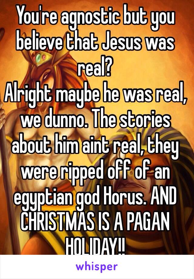 You're agnostic but you believe that Jesus was real?
Alright maybe he was real, we dunno. The stories about him aint real, they were ripped off of an egyptian god Horus. AND CHRISTMAS IS A PAGAN HOLIDAY!!