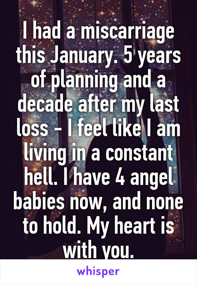 I had a miscarriage this January. 5 years of planning and a decade after my last loss - I feel like I am living in a constant hell. I have 4 angel babies now, and none to hold. My heart is with you.