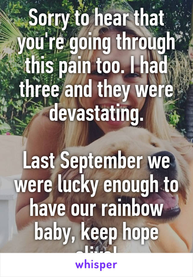 Sorry to hear that you're going through this pain too. I had three and they were devastating.

Last September we were lucky enough to have our rainbow baby, keep hope alive!