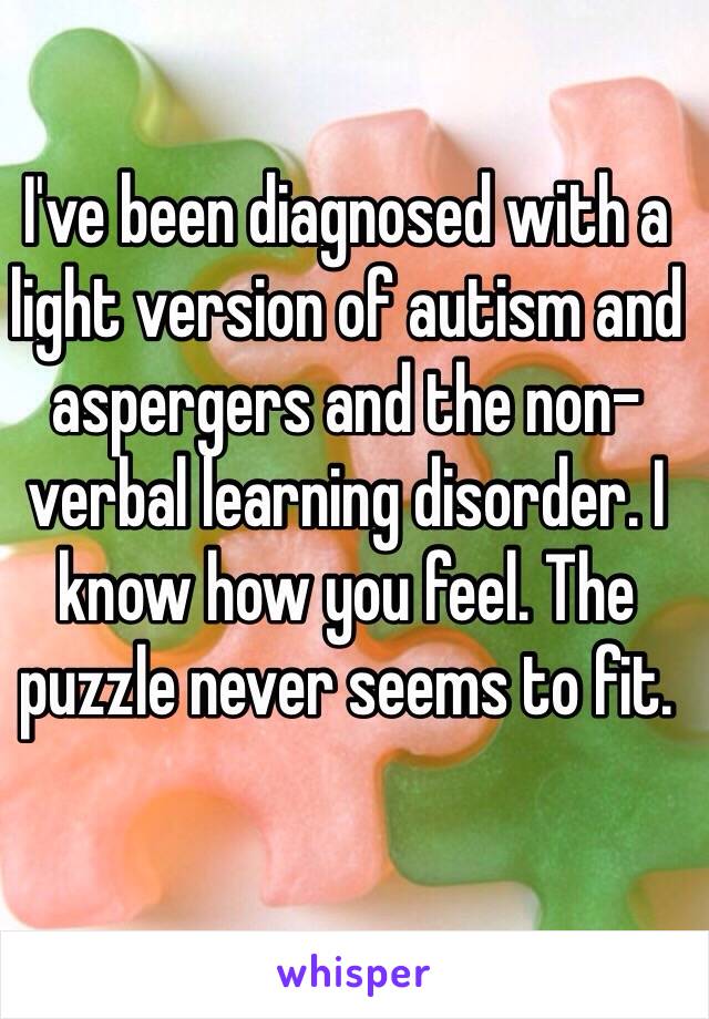 I've been diagnosed with a light version of autism and aspergers and the non-verbal learning disorder. I know how you feel. The puzzle never seems to fit.