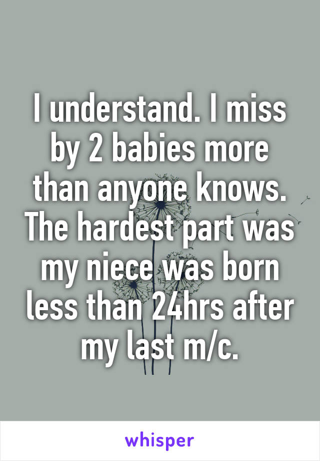 I understand. I miss by 2 babies more than anyone knows. The hardest part was my niece was born less than 24hrs after my last m/c.