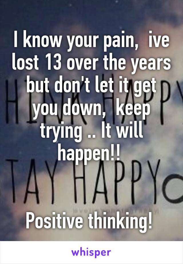 I know your pain,  ive lost 13 over the years but don't let it get you down,  keep trying .. It will happen!! 


Positive thinking! 