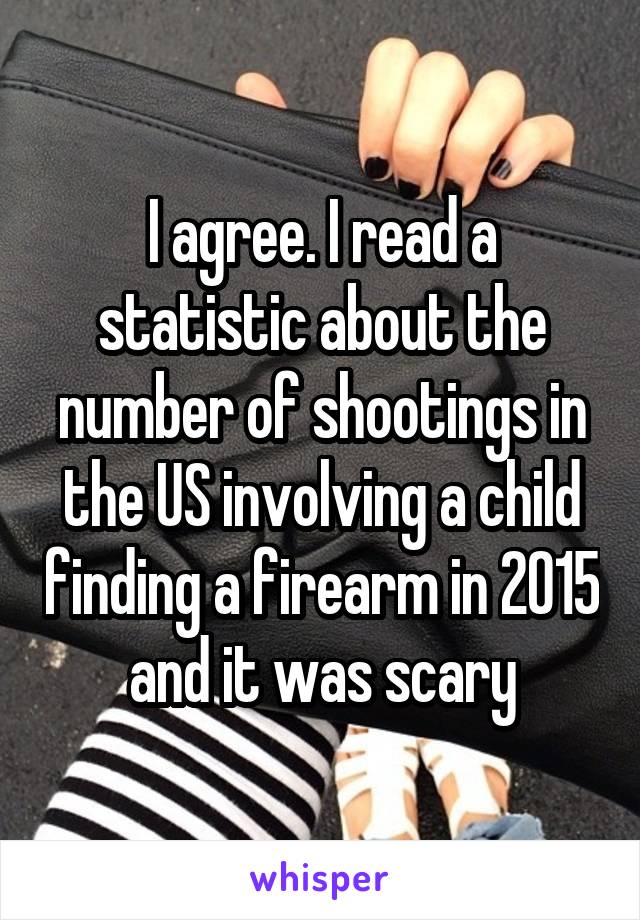 I agree. I read a statistic about the number of shootings in the US involving a child finding a firearm in 2015 and it was scary