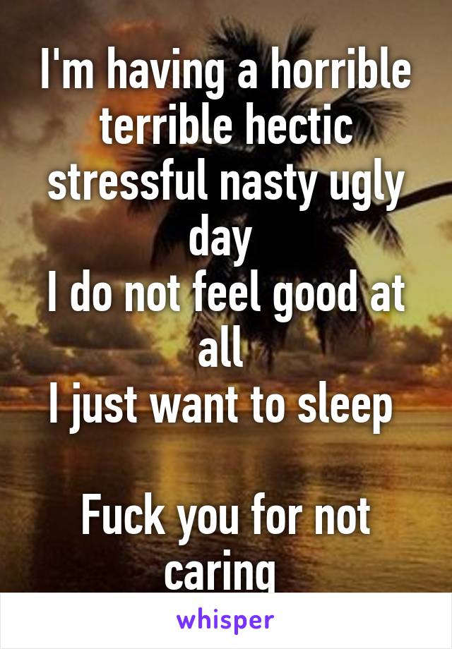 I'm having a horrible terrible hectic stressful nasty ugly day 
I do not feel good at all 
I just want to sleep 

Fuck you for not caring 