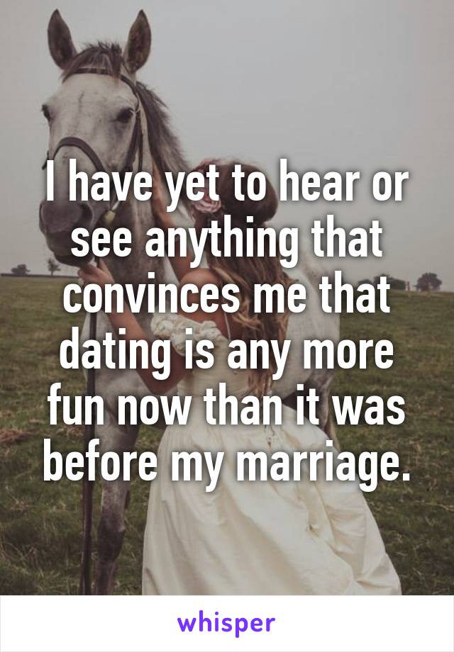 I have yet to hear or see anything that convinces me that dating is any more fun now than it was before my marriage.