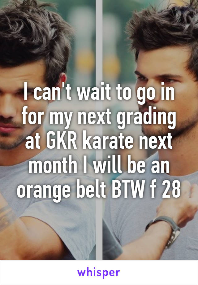 I can't wait to go in for my next grading at GKR karate next month I will be an orange belt BTW f 28