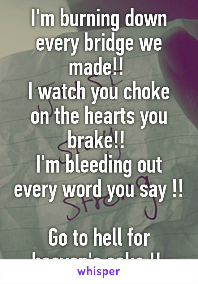 I'm burning down every bridge we made!! 
I watch you choke on the hearts you brake!! 
I'm bleeding out every word you say !! 
Go to hell for heaven's sake !! 