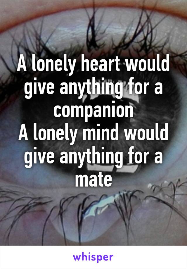 A lonely heart would give anything for a companion
A lonely mind would give anything for a mate

