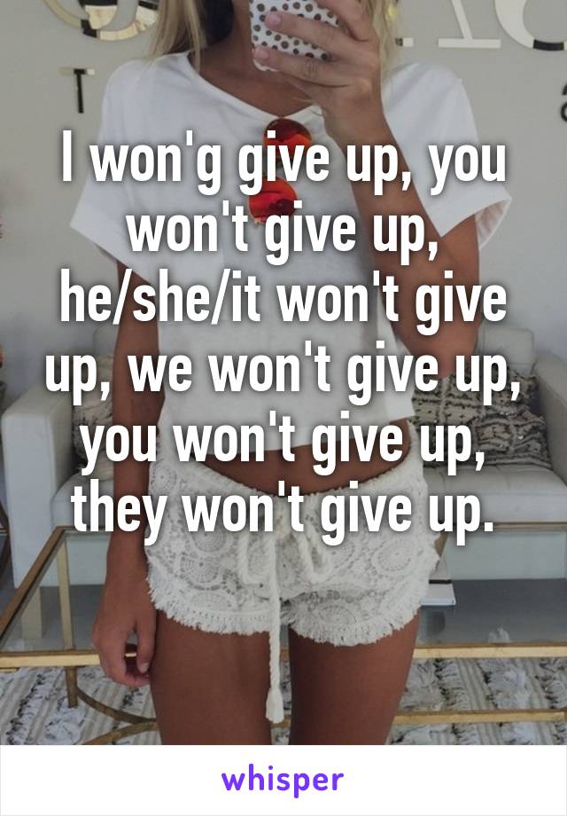 I won'g give up, you won't give up, he/she/it won't give up, we won't give up, you won't give up, they won't give up.

