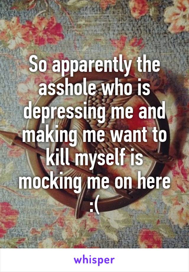 So apparently the asshole who is depressing me and making me want to kill myself is mocking me on here :(