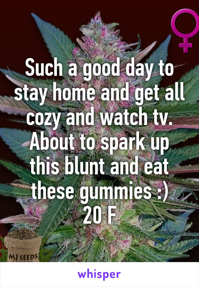 Such a good day to stay home and get all cozy and watch tv. About to spark up this blunt and eat these gummies :)
20 F