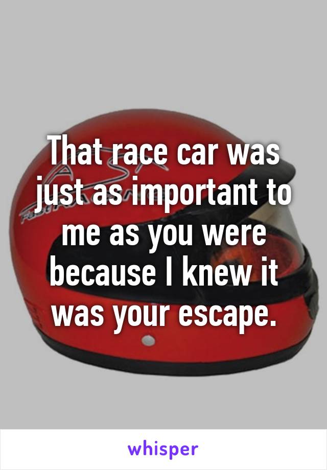 That race car was just as important to me as you were because I knew it was your escape.