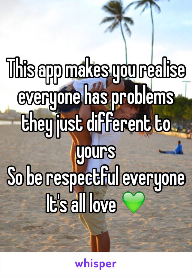 This app makes you realise everyone has problems they just different to yours 
So be respectful everyone 
It's all love 💚