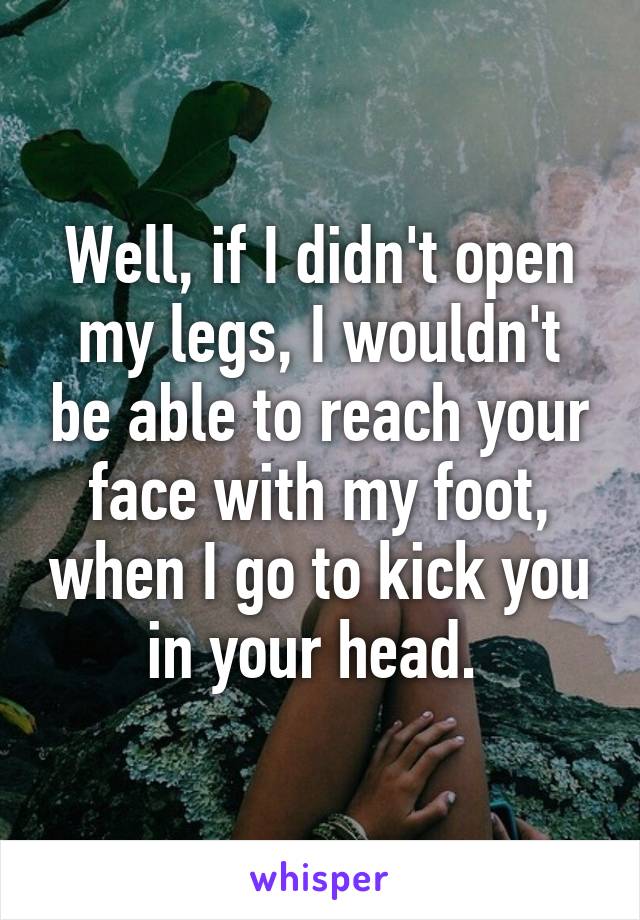 Well, if I didn't open my legs, I wouldn't be able to reach your face with my foot, when I go to kick you in your head. 