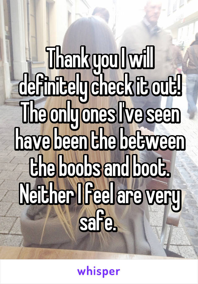 Thank you I will definitely check it out! The only ones I've seen have been the between the boobs and boot. Neither I feel are very safe. 