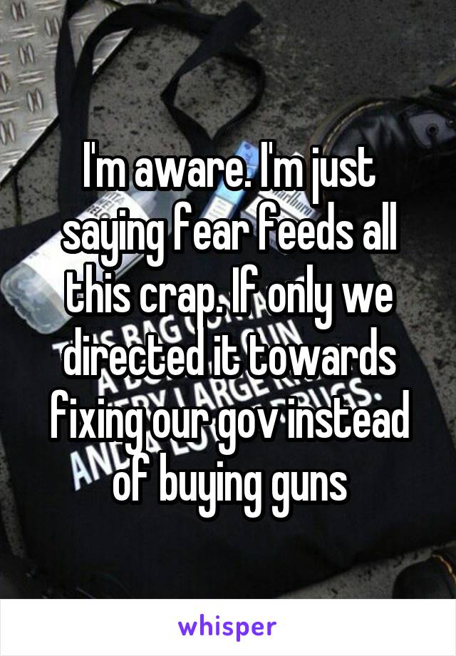 I'm aware. I'm just saying fear feeds all this crap. If only we directed it towards fixing our gov instead of buying guns