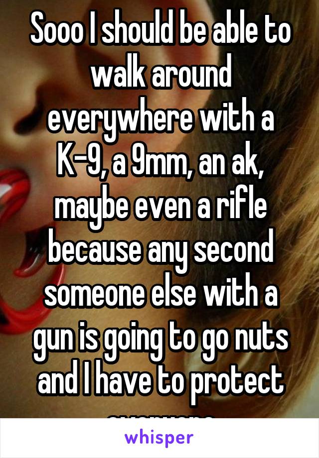 Sooo I should be able to walk around everywhere with a K-9, a 9mm, an ak, maybe even a rifle because any second someone else with a gun is going to go nuts and I have to protect everyone