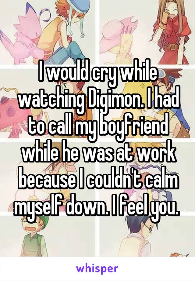 I would cry while watching Digimon. I had to call my boyfriend while he was at work because I couldn't calm myself down. I feel you. 