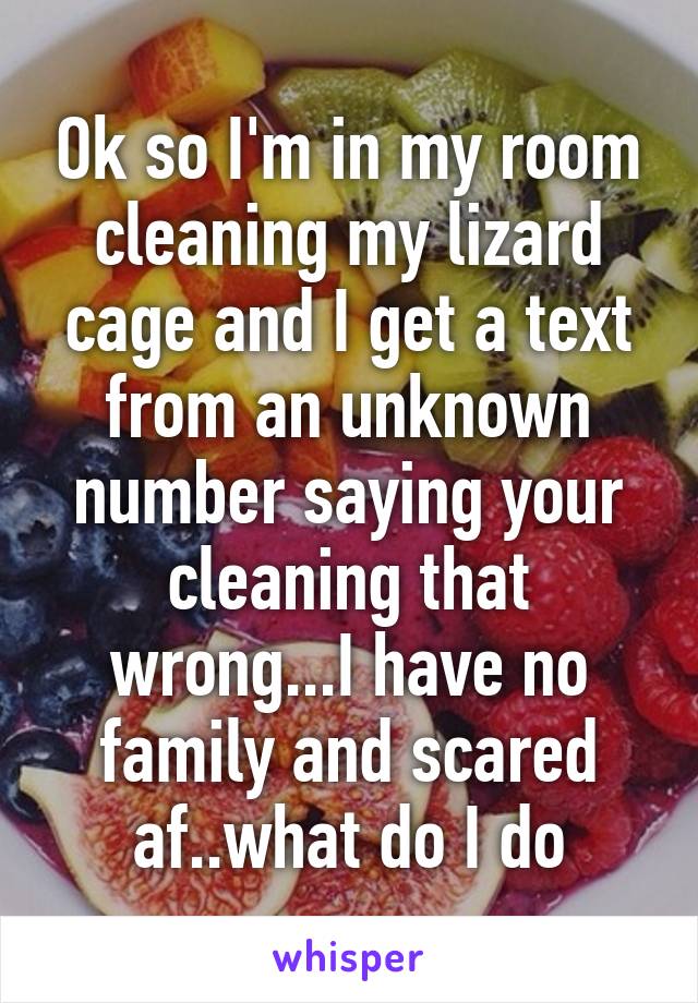 Ok so I'm in my room cleaning my lizard cage and I get a text from an unknown number saying your cleaning that wrong...I have no family and scared af..what do I do