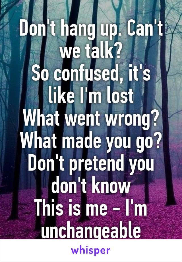 Don't hang up. Can't we talk?
So confused, it's like I'm lost
What went wrong? What made you go?
Don't pretend you don't know
This is me - I'm unchangeable