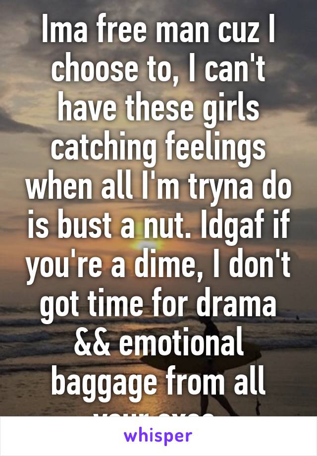 Ima free man cuz I choose to, I can't have these girls catching feelings when all I'm tryna do is bust a nut. Idgaf if you're a dime, I don't got time for drama && emotional baggage from all your exes.