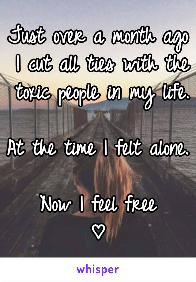 Just over a month ago I cut all ties with the toxic people in my life.

At the time I felt alone.

Now I feel free
♡