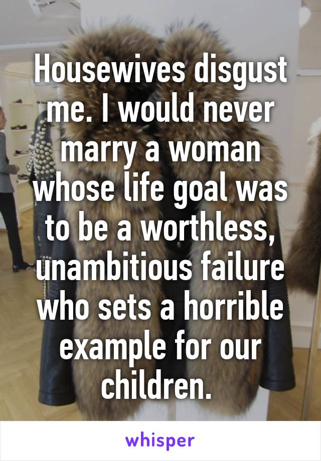 Housewives disgust me. I would never marry a woman whose life goal was to be a worthless, unambitious failure who sets a horrible example for our children. 