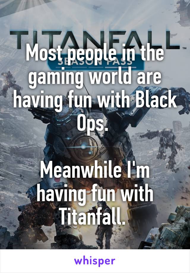 Most people in the gaming world are having fun with Black Ops. 

Meanwhile I'm having fun with Titanfall. 