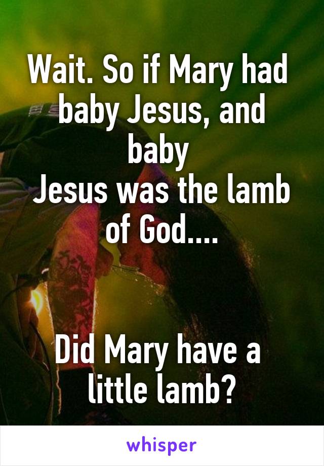 Wait. So if Mary had 
baby Jesus, and baby 
Jesus was the lamb of God....


Did Mary have a 
little lamb?