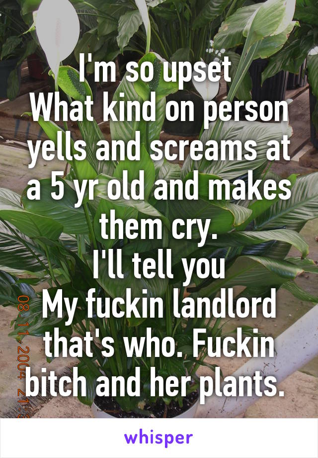 I'm so upset 
What kind on person yells and screams at a 5 yr old and makes them cry.
I'll tell you
My fuckin landlord that's who. Fuckin bitch and her plants. 