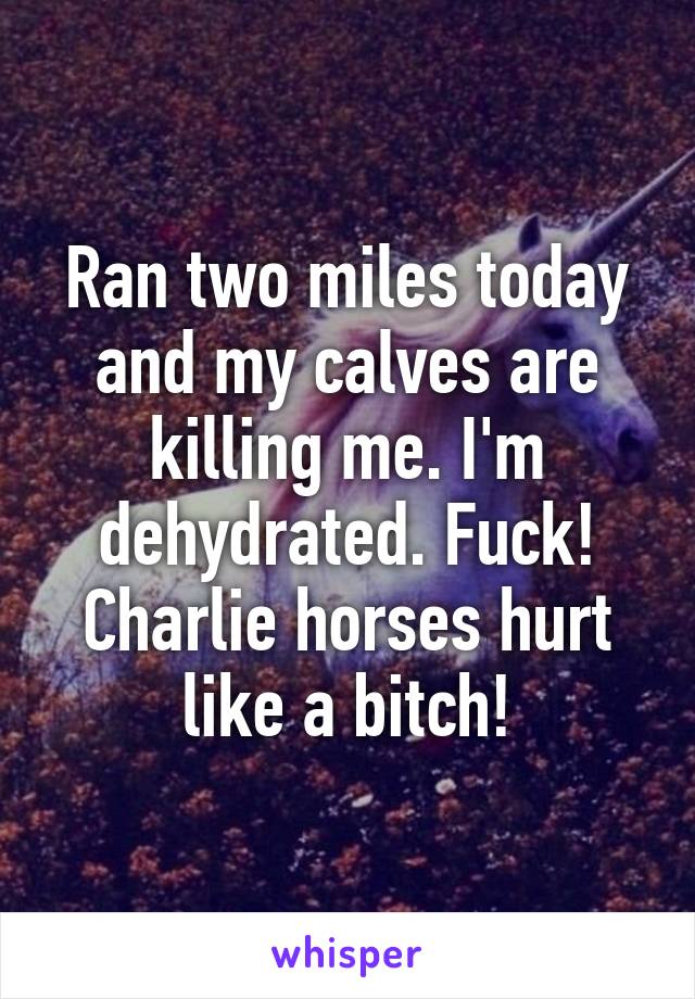 Ran two miles today and my calves are killing me. I'm dehydrated. Fuck! Charlie horses hurt like a bitch!