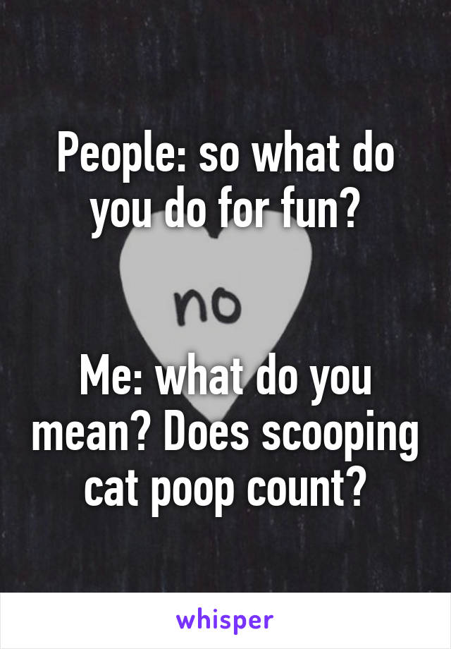 People: so what do you do for fun?


Me: what do you mean? Does scooping cat poop count?