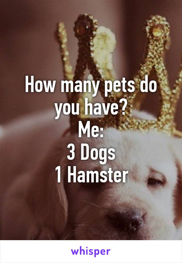 How many pets do you have?
Me:
3 Dogs
1 Hamster