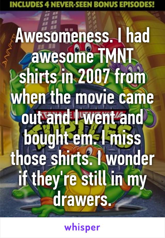 Awesomeness. I had awesome TMNT shirts in 2007 from when the movie came out and I went and bought em. I miss those shirts. I wonder if they're still in my drawers.