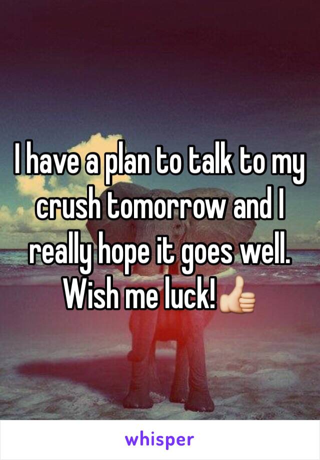 I have a plan to talk to my crush tomorrow and I really hope it goes well. Wish me luck!👍