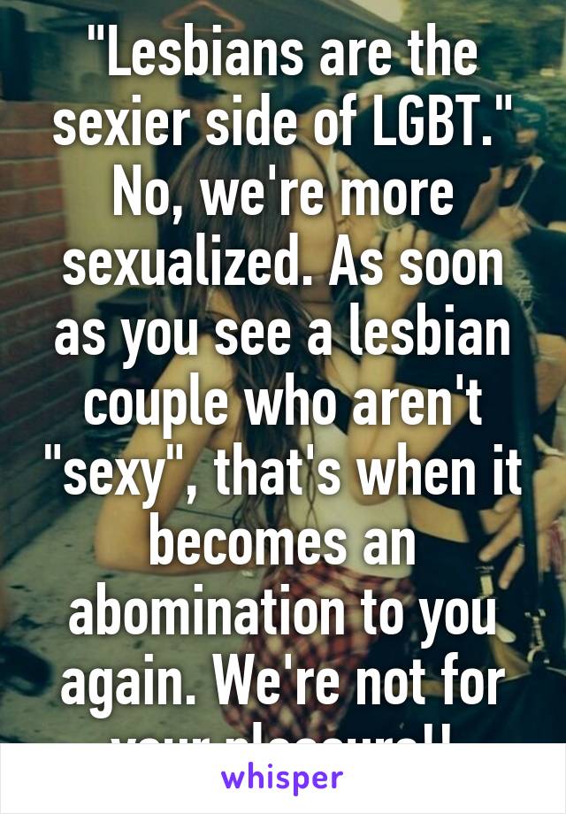 "Lesbians are the sexier side of LGBT."
No, we're more sexualized. As soon as you see a lesbian couple who aren't "sexy", that's when it becomes an abomination to you again. We're not for your pleasure!!