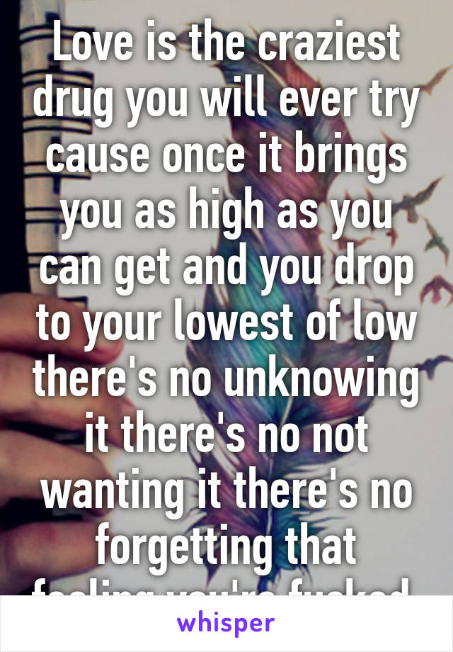 Love is the craziest drug you will ever try cause once it brings you as high as you can get and you drop to your lowest of low there's no unknowing it there's no not wanting it there's no forgetting that feeling you're fucked 