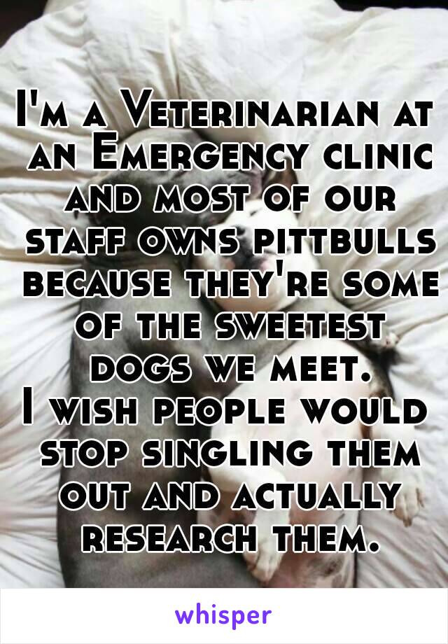 I'm a Veterinarian at an Emergency clinic and most of our staff owns pittbulls because they're some of the sweetest dogs we meet.
I wish people would stop singling them out and actually research them.