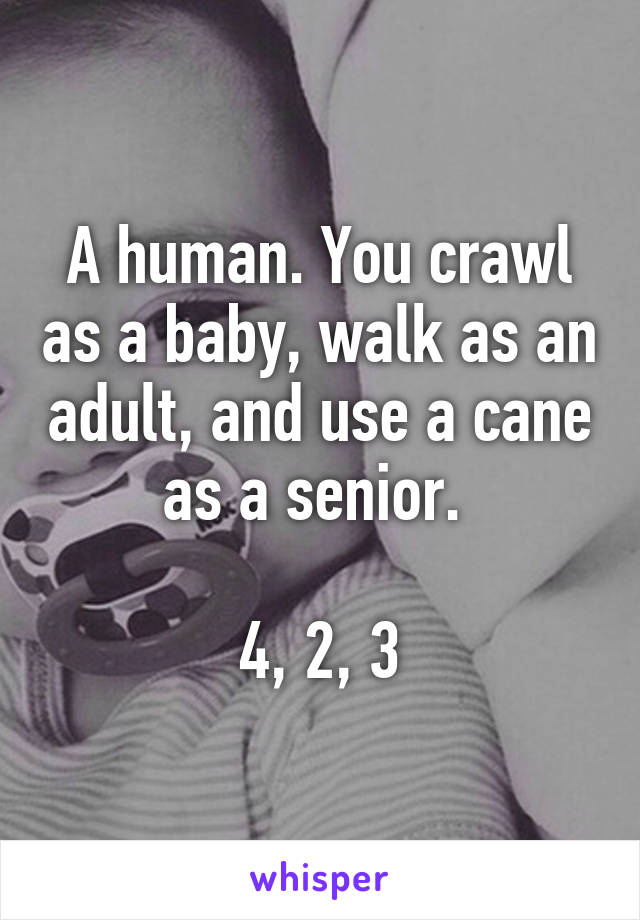 A human. You crawl as a baby, walk as an adult, and use a cane as a senior. 

4, 2, 3