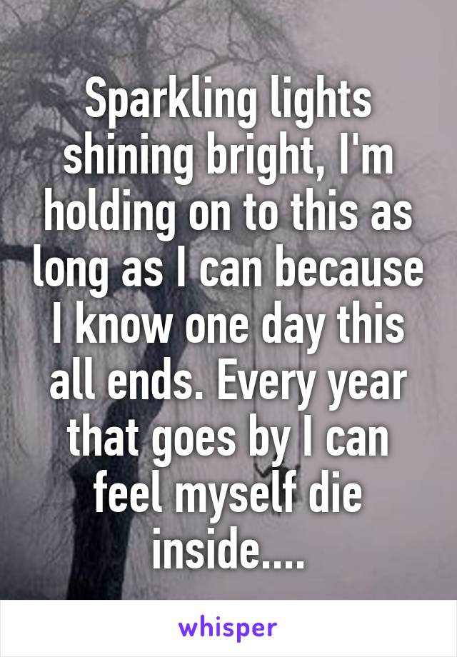 Sparkling lights shining bright, I'm holding on to this as long as I can because I know one day this all ends. Every year that goes by I can feel myself die inside....