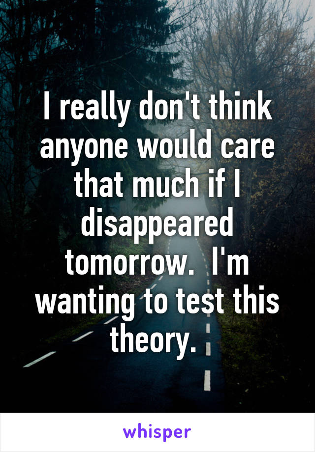 I really don't think anyone would care that much if I disappeared tomorrow.  I'm wanting to test this theory. 