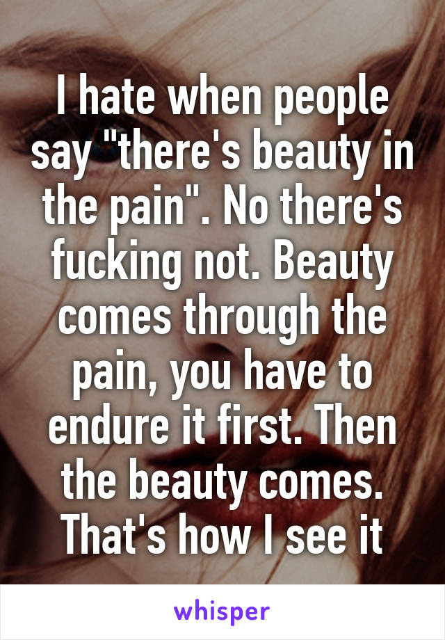 I hate when people say "there's beauty in the pain". No there's fucking not. Beauty comes through the pain, you have to endure it first. Then the beauty comes. That's how I see it