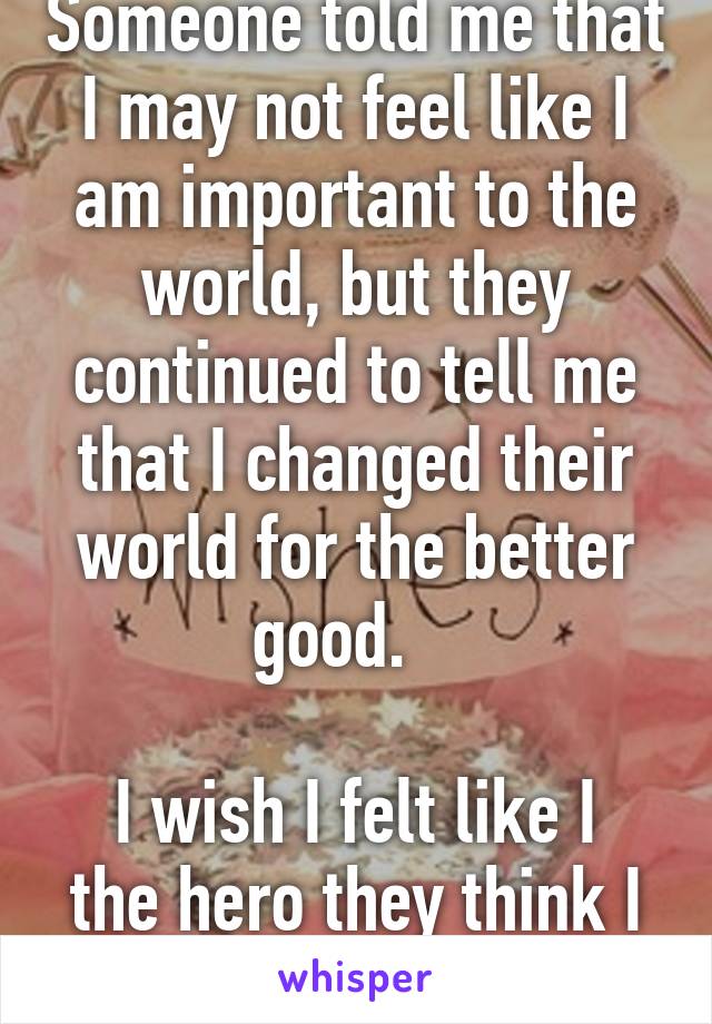 Someone told me that I may not feel like I am important to the world, but they continued to tell me that I changed their world for the better good.   

I wish I felt like I the hero they think I am