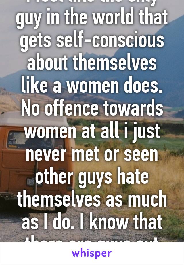 I feel like the only guy in the world that gets self-conscious about themselves like a women does. No offence towards women at all i just never met or seen other guys hate themselves as much as I do. I know that there are guys out there!